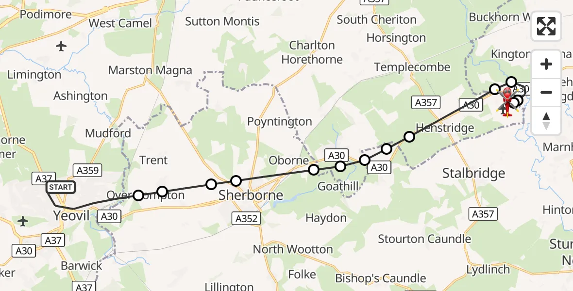 Flight route Air Ambulance Helicopter Yeovil - Henstridge Airfield, 29 August 2026, 23:35