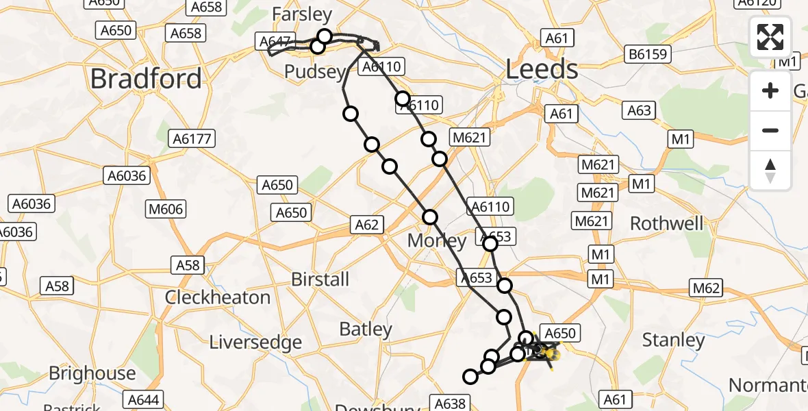 Flight route Police Helicopter East Ardsley - Ossett, 30 August 2026, 00:09