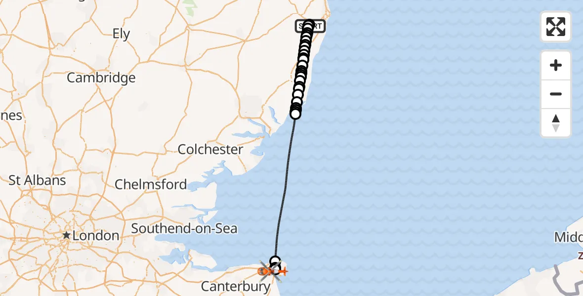 Flight route Coastguard Helicopter Beccles Airfield - Manston Airport, 30 August 2026, 01:35