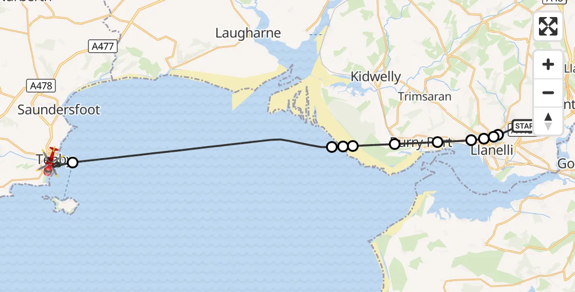 Flight route Air Ambulance Helicopter Dafen - Tenby, 30 August 2026, 06:46