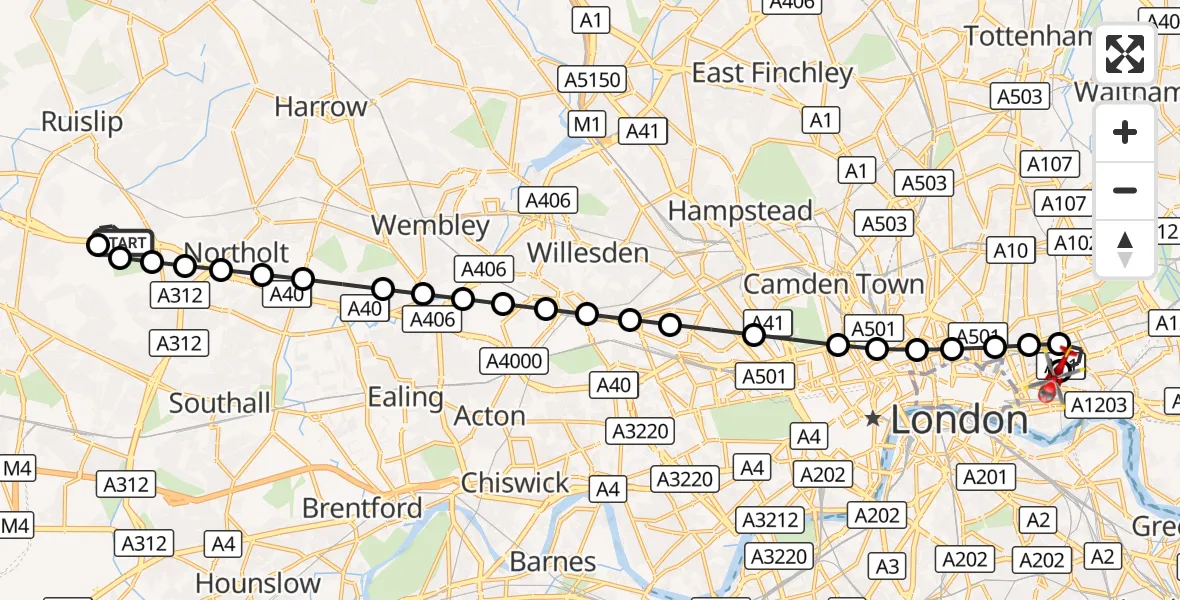 Flight route Air Ambulance Helicopter RAF Northolt - Royal London Hospital, 30 August 2026, 06:56