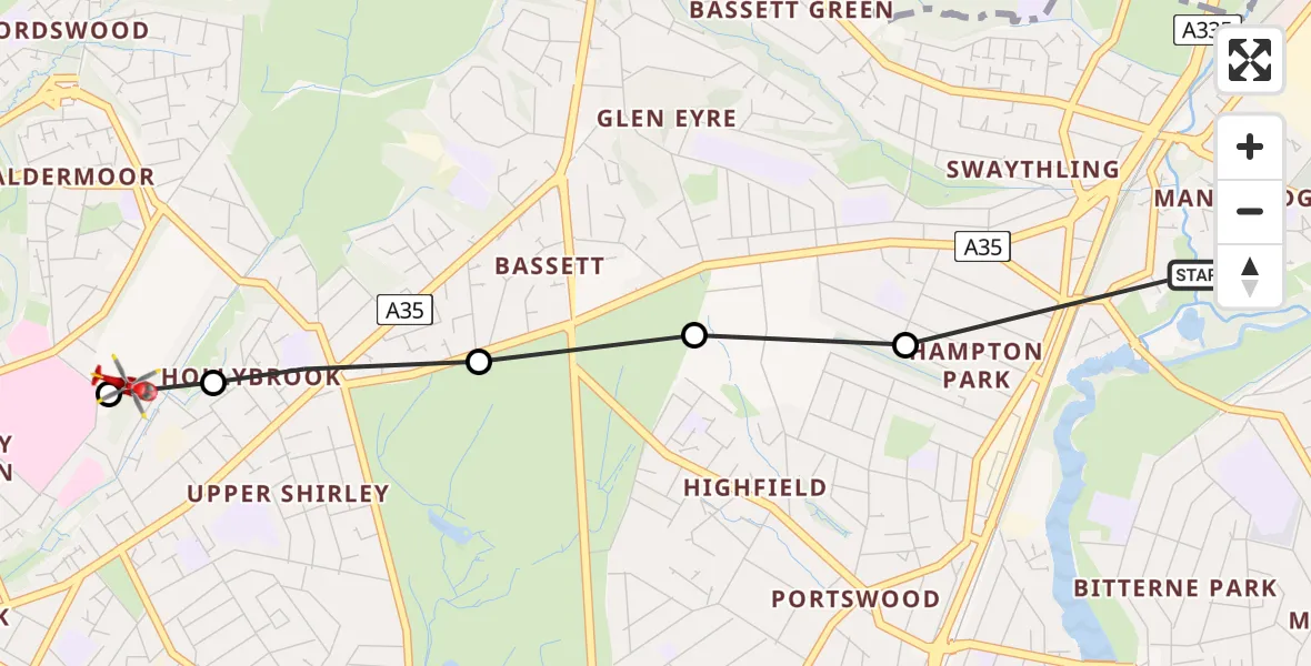 Flight route Air Ambulance Helicopter Mansbridge - Shirley, 30 August 2026, 07:58