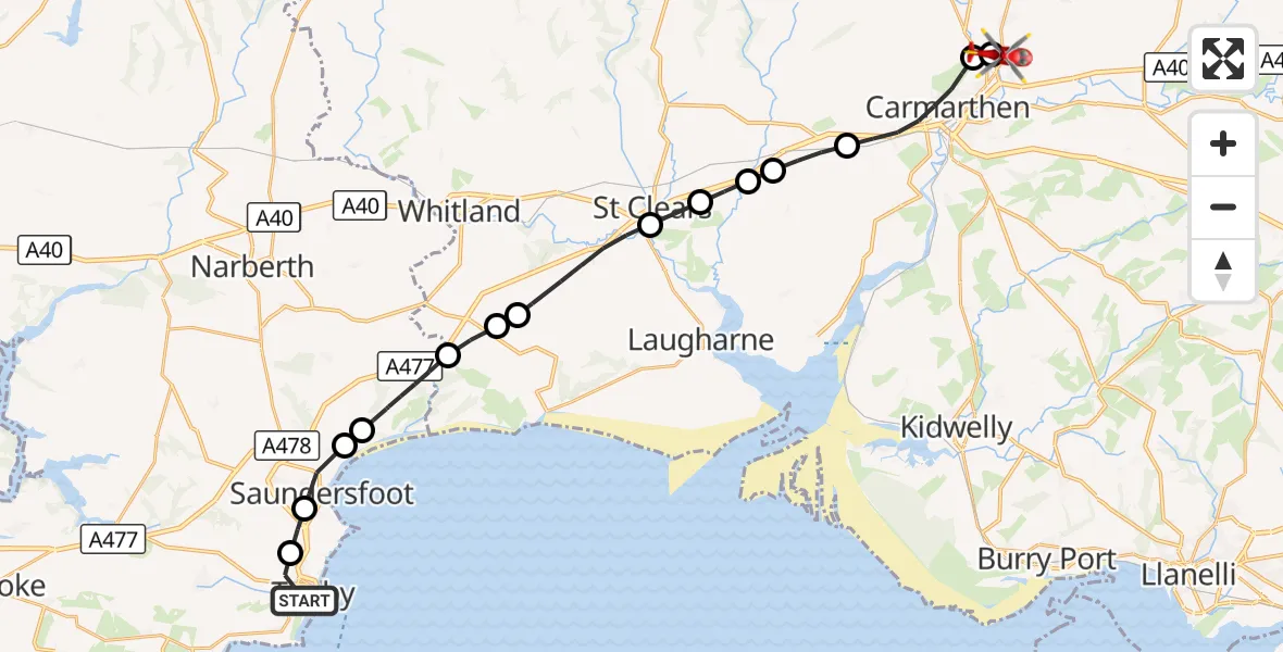 Flight route Air Ambulance Helicopter Tenby - Abergwili, 30 August 2026, 08:02