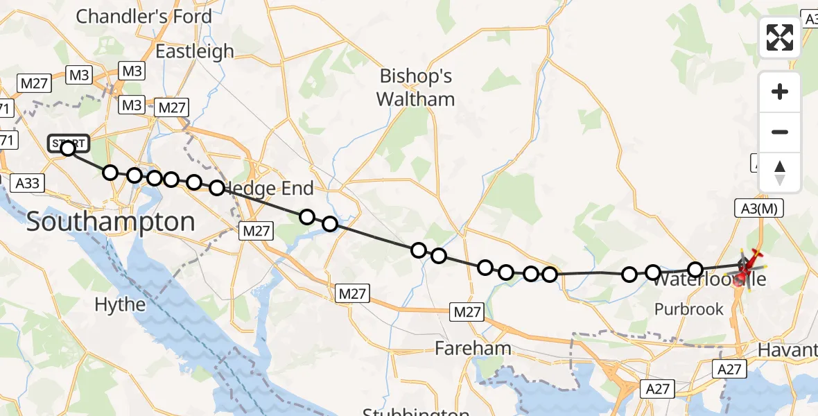 Flight route Air Ambulance Helicopter University Hospital Southampton - Waterlooville, 30 August 2026, 08:04