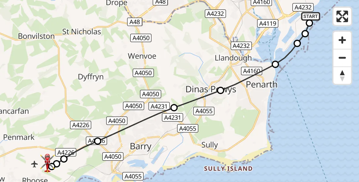 Flight route Air Ambulance Helicopter Cardiff Heliport - Cardiff International Airport, 30 August 2026, 08:43