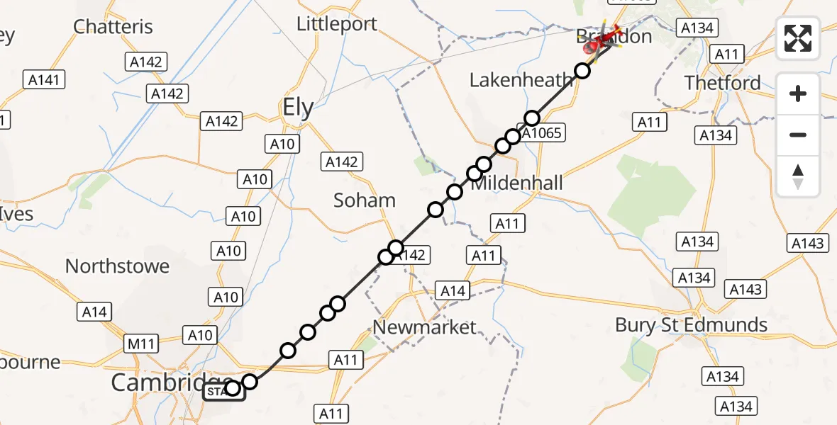 Flight route Air Ambulance Helicopter Cambridge City Airport - Brandon, 30 August 2026, 08:54