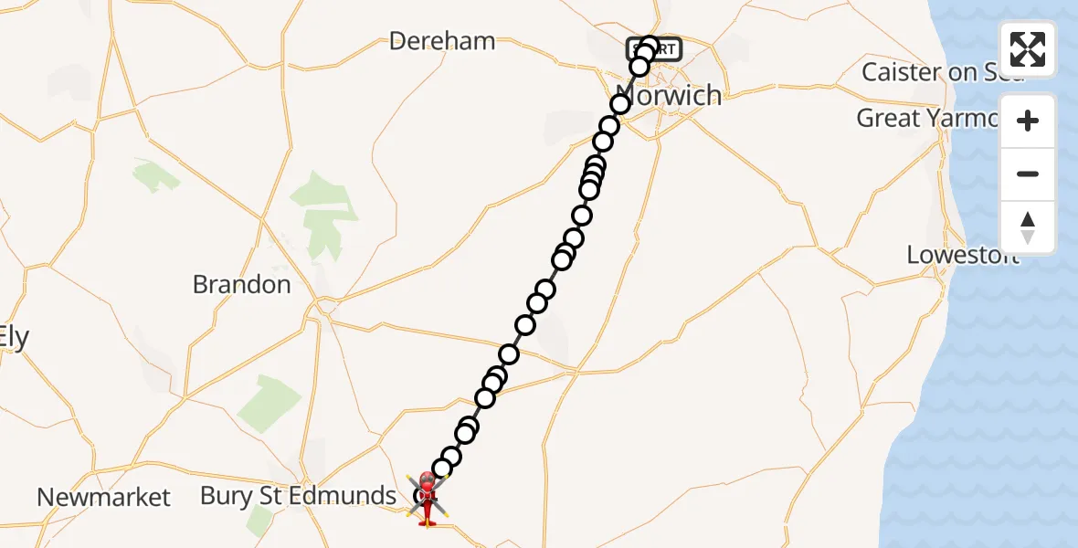 Flight route Air Ambulance Helicopter Norwich Airport - Elmswell, 30 August 2026, 09:00