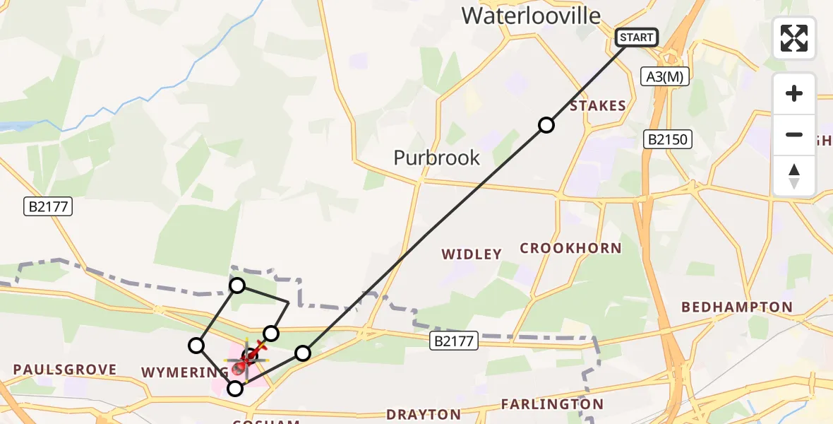 Flight route Air Ambulance Helicopter Waterlooville - Queen Alexandra Hospital, 30 August 2026, 09:17