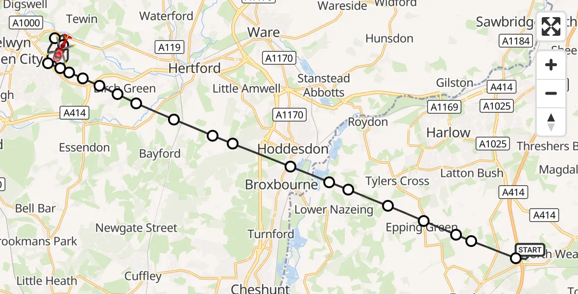 Flight route Air Ambulance Helicopter North Weald Airfield - Welwyn Garden City, 30 August 2026, 09:25