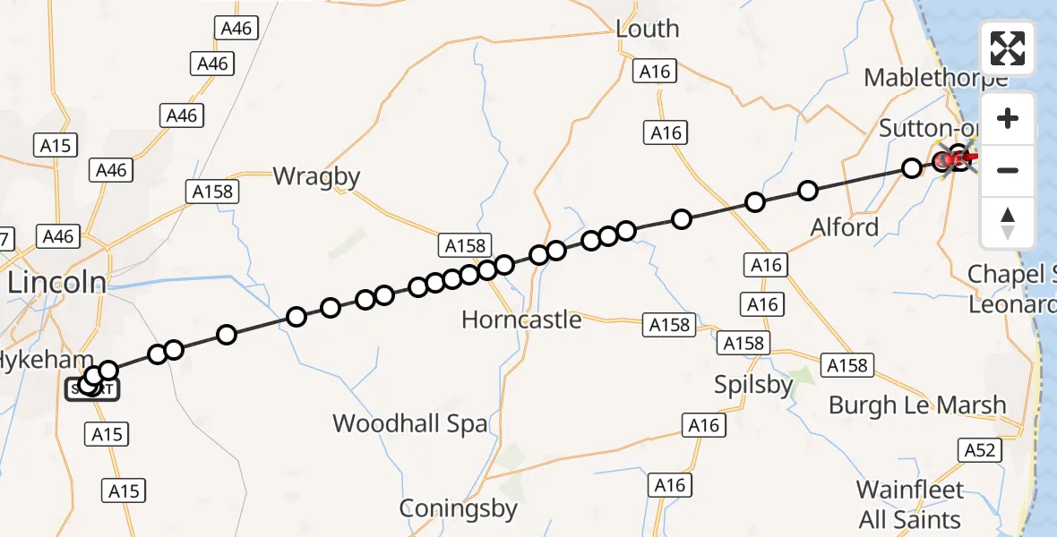 Flight route Air Ambulance Helicopter RAF Waddington - Sutton-on-Sea, 30 August 2026, 09:33