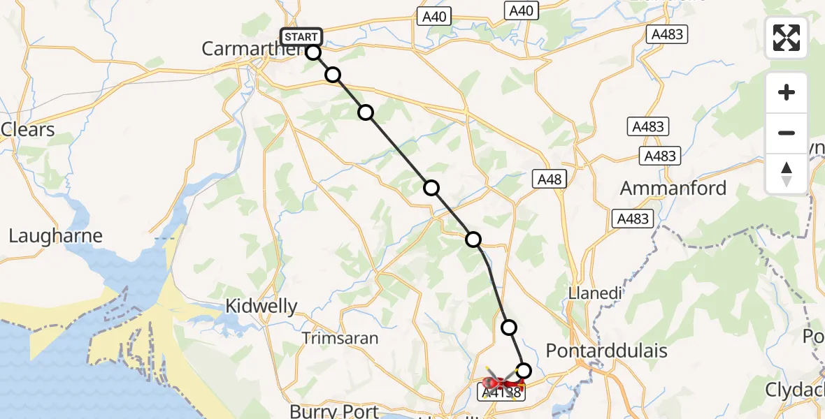 Flight route Air Ambulance Helicopter Abergwili - Dafen, 30 August 2026, 09:35