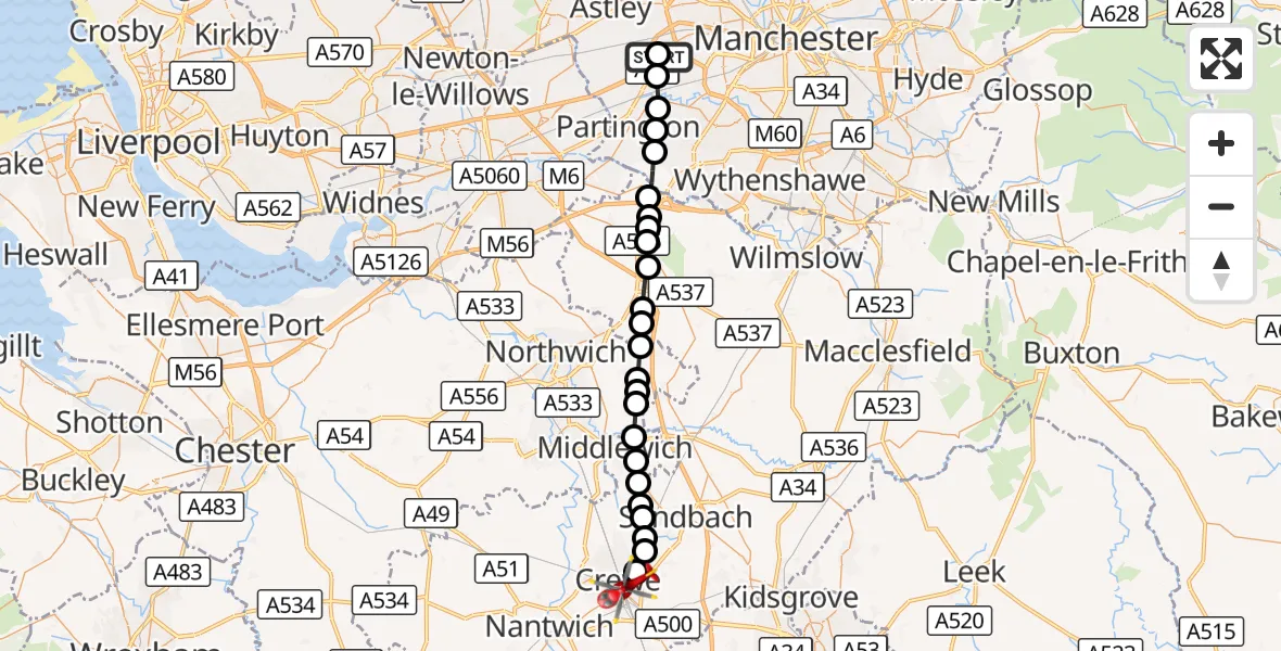 Flight route Air Ambulance Helicopter Manchester Barton Aerodrome - Crewe, 30 August 2026, 09:44