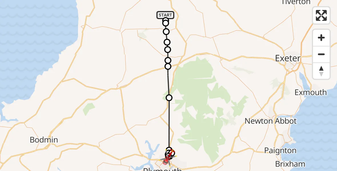Flight route Air Ambulance Helicopter Petrockstowe - Derriford Hospital, 30 August 2026, 09:53