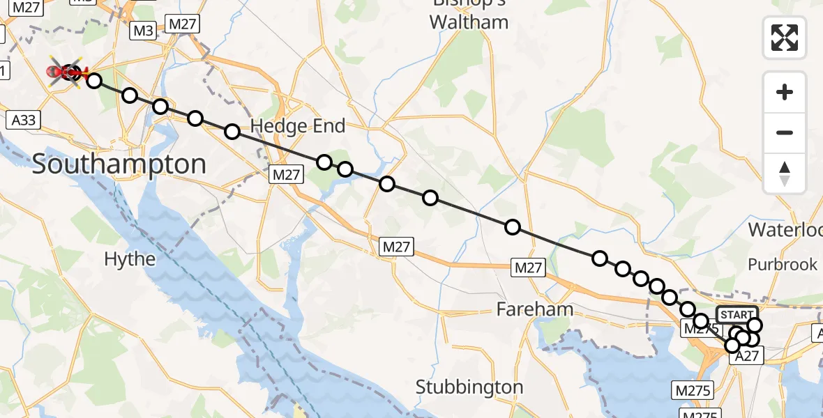 Flight route Air Ambulance Helicopter Queen Alexandra Hospital - University Hospital Southampton, 30 August 2026, 10:01