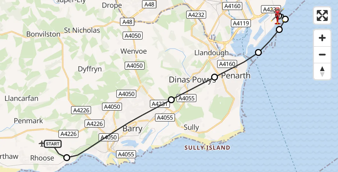 Flight route Air Ambulance Helicopter Cardiff International Airport - Cardiff Heliport, 30 August 2026, 10:01