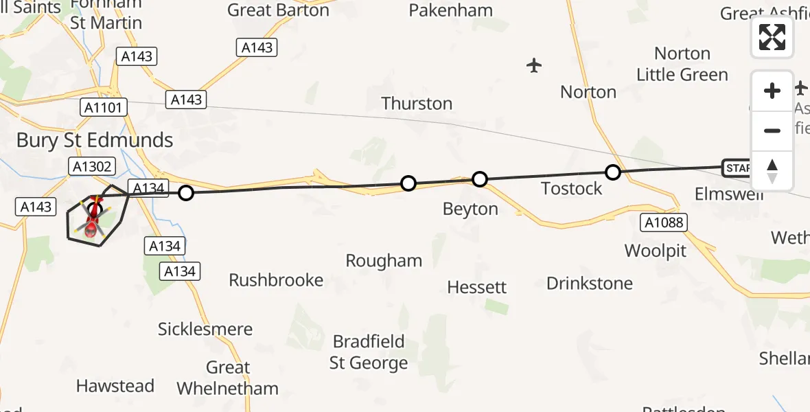 Flight route Air Ambulance Helicopter Elmswell - West Suffolk Hospital, 30 August 2026, 10:03