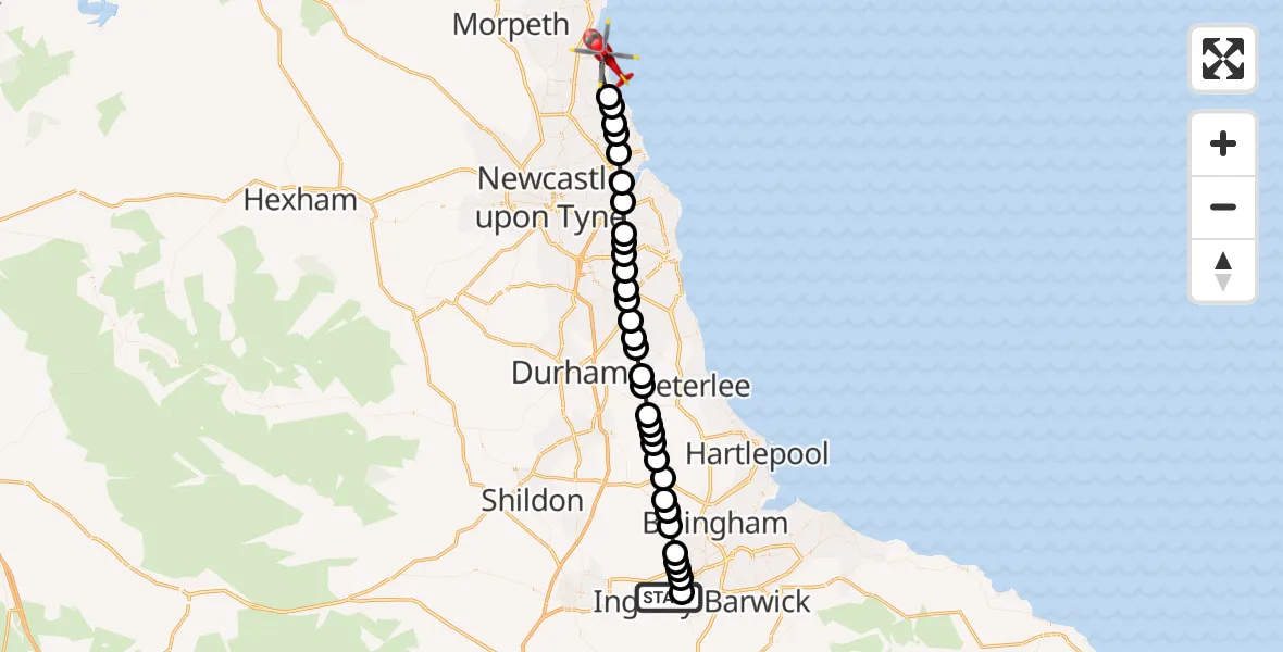 Flight route Air Ambulance Helicopter Egglescliffe - Newsham, 30 August 2026, 10:08