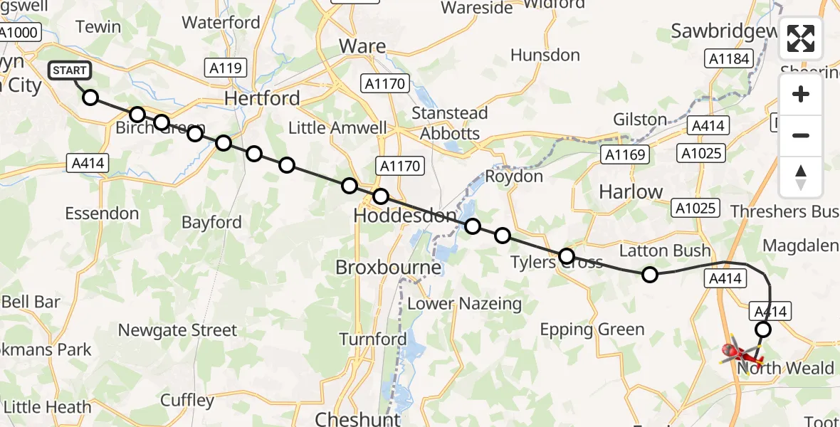 Flight route Air Ambulance Helicopter Welwyn Garden City - North Weald Airfield, 30 August 2026, 10:09