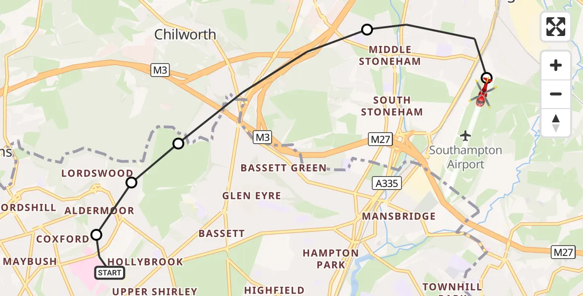 Flight route Air Ambulance Helicopter University Hospital Southampton - Southampton Airport, 30 August 2026, 10:13