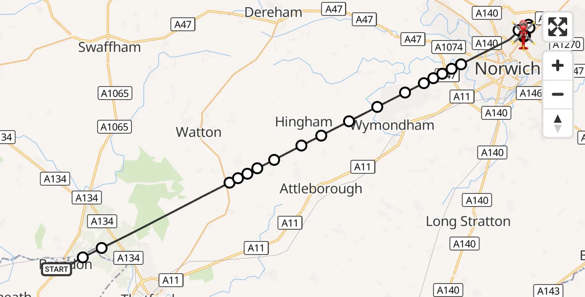 Flight route Air Ambulance Helicopter Brandon - Norwich, 30 August 2026, 10:13