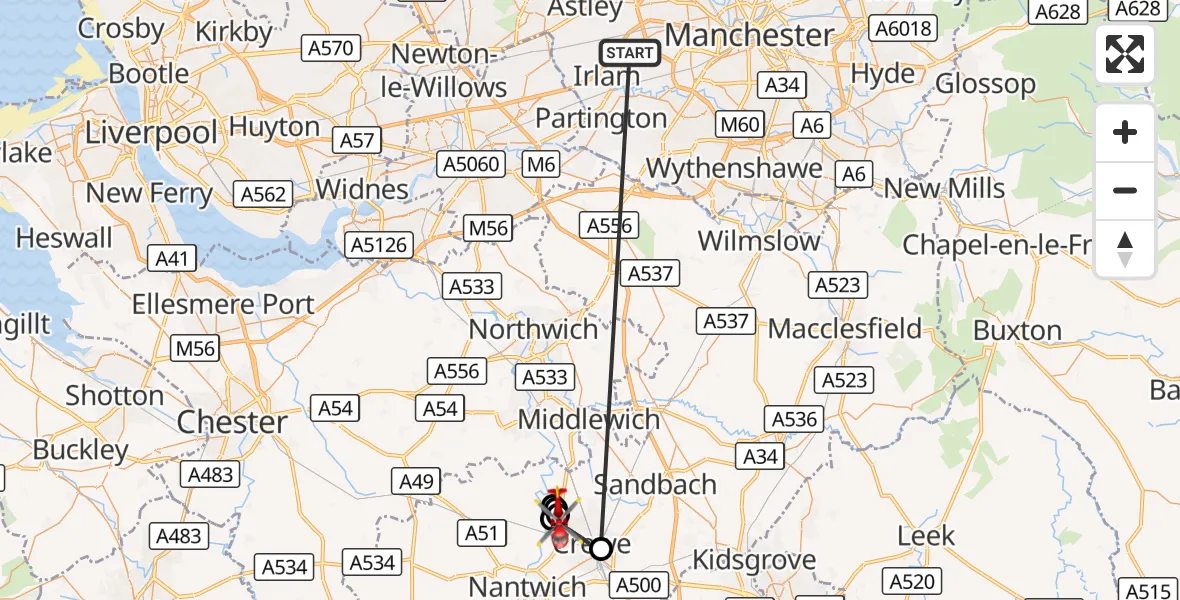 Flight route Air Ambulance Helicopter Manchester Barton Aerodrome - Crewe, 30 August 2026, 10:32