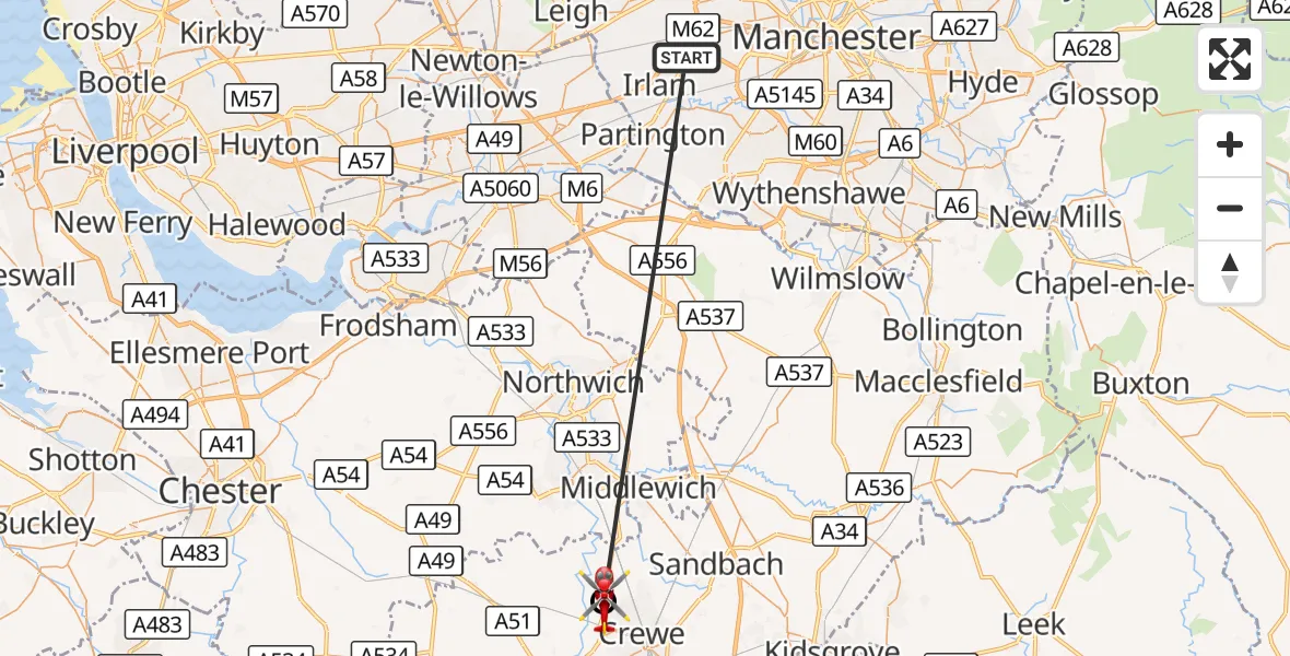 Flight route Air Ambulance Helicopter Manchester Barton Aerodrome - Crewe, 30 August 2026, 10:39