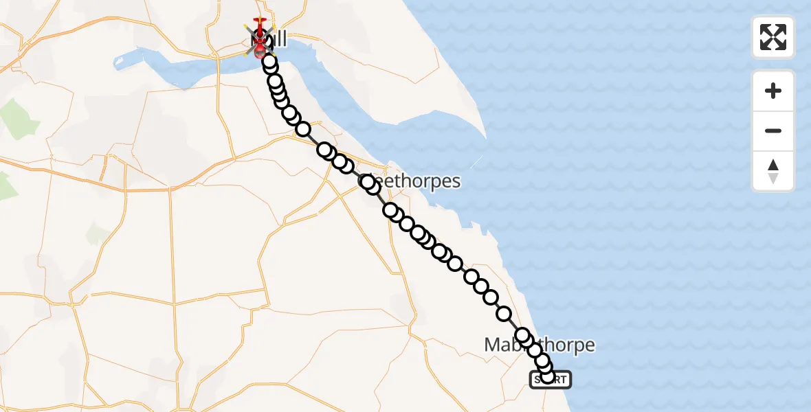 Flight route Air Ambulance Helicopter Sutton-on-Sea - Hull Royal Infirmary, 30 August 2026, 10:42