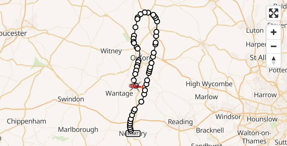 Flight route Air Ambulance Helicopter Newbury - Milton, 30 August 2026, 10:46