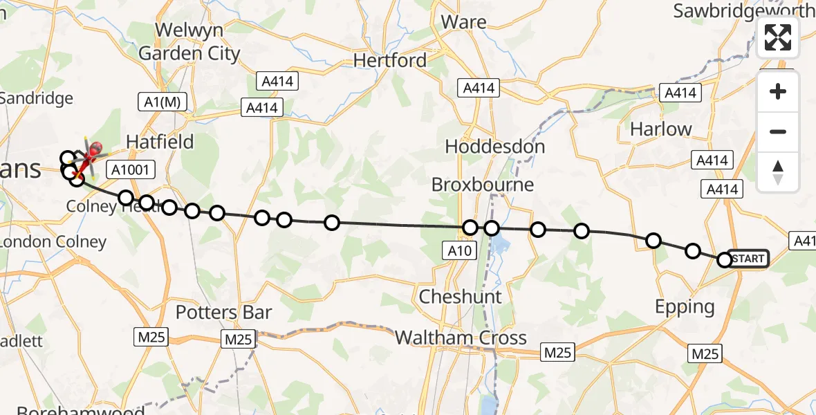 Flight route Air Ambulance Helicopter North Weald Airfield - Colney Heath, 30 August 2026, 10:54