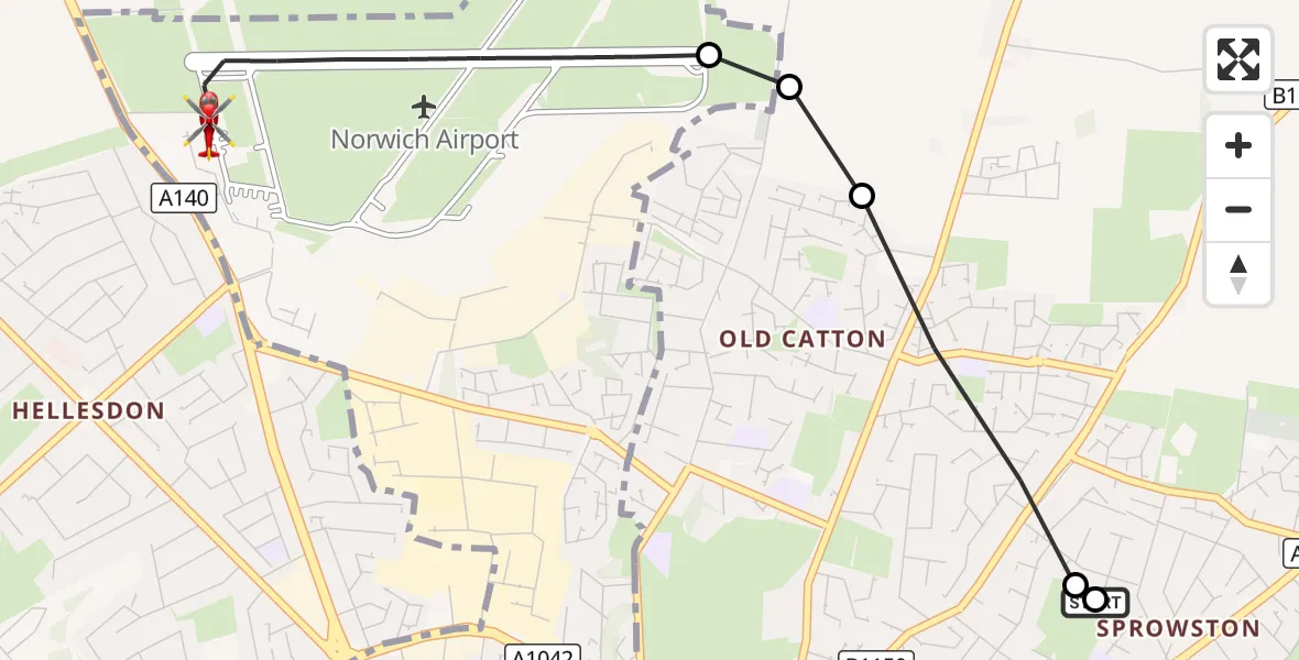 Flight route Air Ambulance Helicopter Broadland - Norwich Airport, 30 August 2026, 10:54