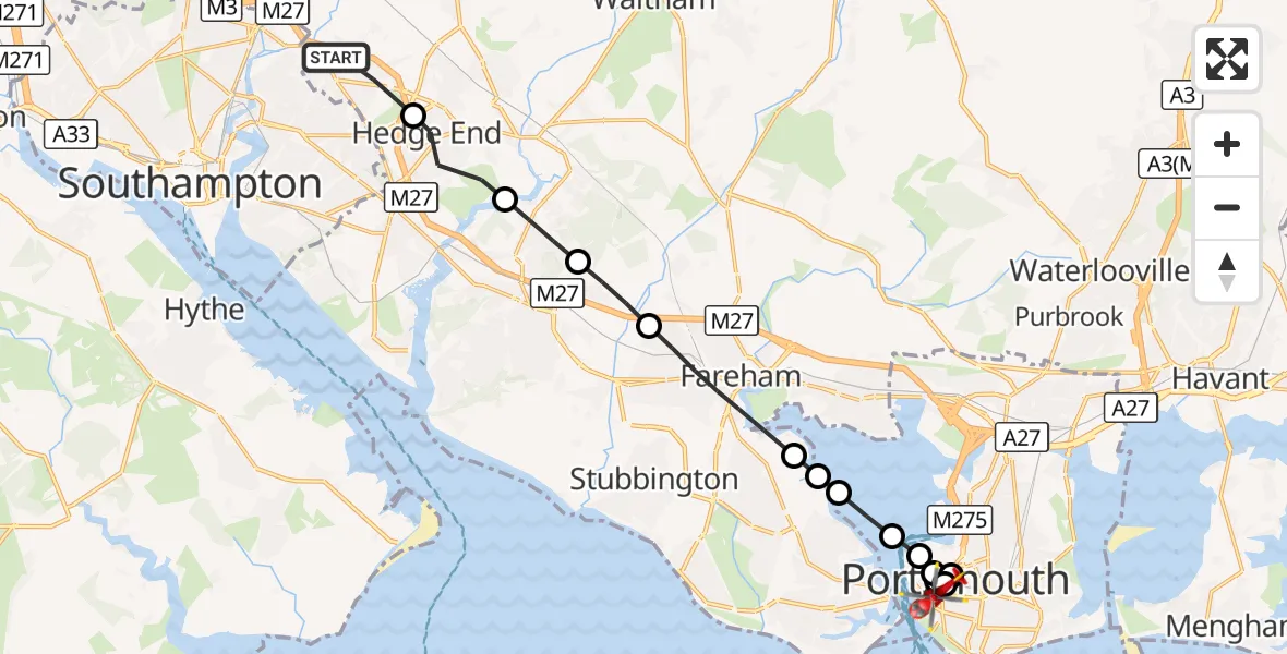 Flight route Air Ambulance Helicopter Eastleigh - Old Portsmouth, 30 August 2026, 10:57