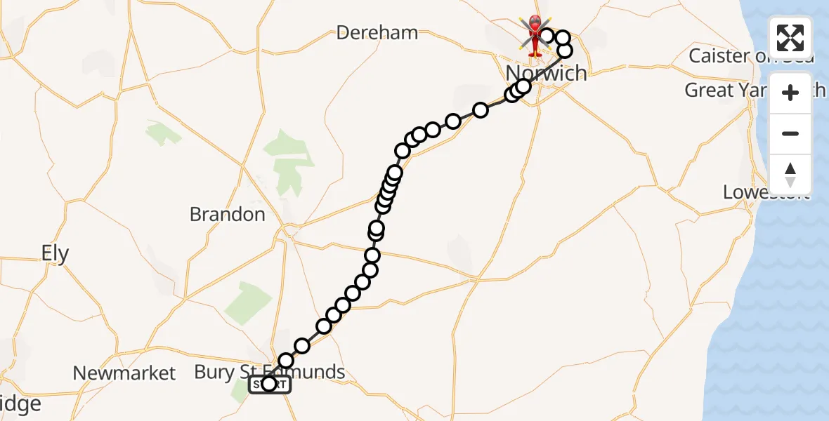 Flight route Air Ambulance Helicopter West Suffolk Hospital - Norwich Airport, 30 August 2026, 10:58