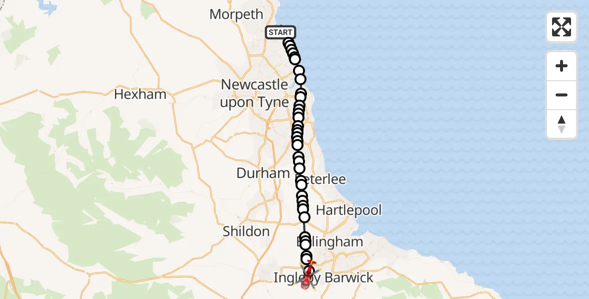 Flight route Air Ambulance Helicopter Newsham - Egglescliffe, 30 August 2026, 11:00