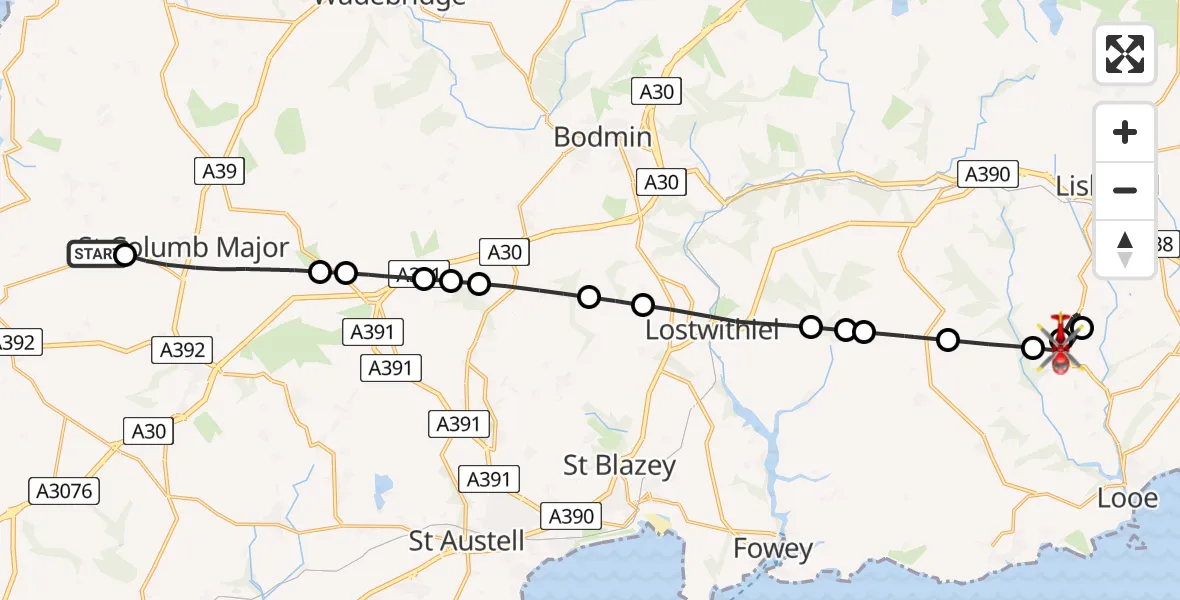 Flight route Air Ambulance Helicopter Cornwall Airport Newquay - Tredinnick, 30 August 2026, 11:04