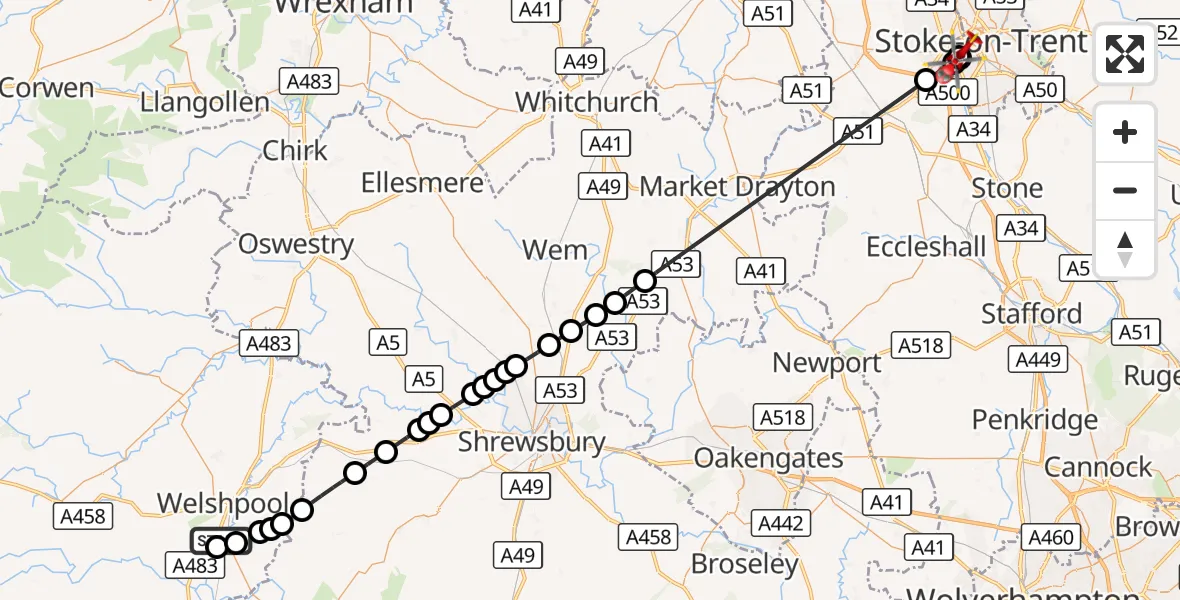 Flight route Air Ambulance Helicopter Welshpool Airport - University Hospital North Staffs, 30 August 2026, 11:30