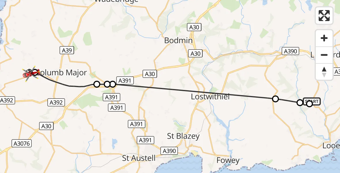 Flight route Air Ambulance Helicopter Duloe - Cornwall Airport Newquay, 30 August 2026, 11:40