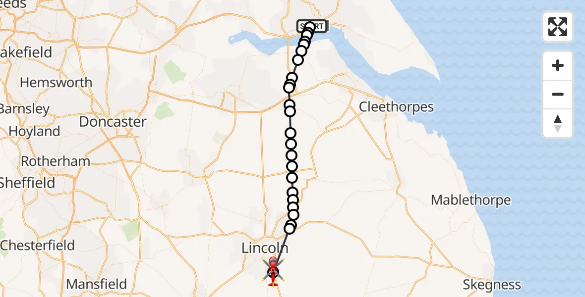 Flight route Air Ambulance Helicopter Hull Royal Infirmary - North Kesteven, 30 August 2026, 11:49
