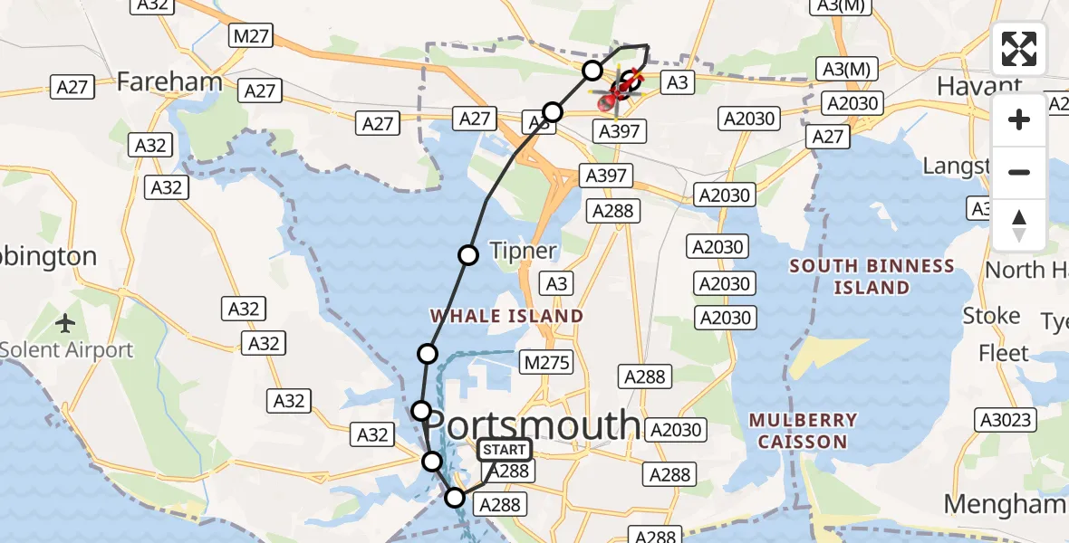 Flight route Air Ambulance Helicopter Old Portsmouth - Queen Alexandra Hospital, 30 August 2026, 11:59