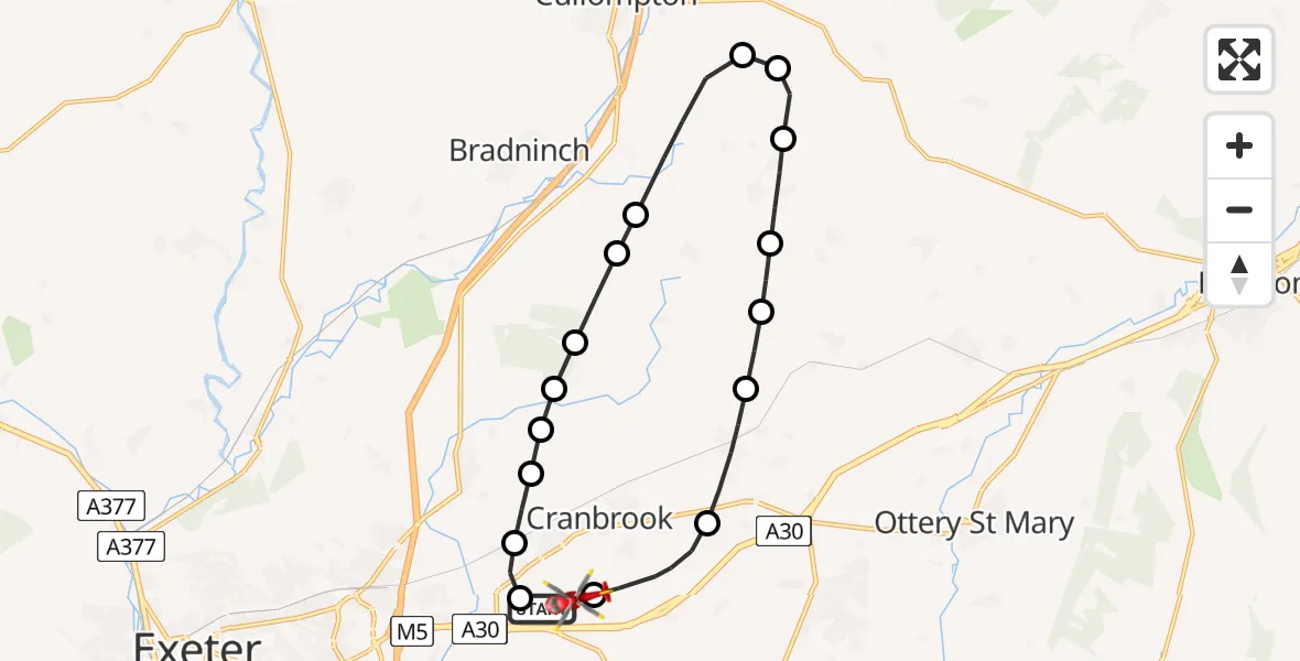 Flight route Air Ambulance Helicopter Exeter International Airport - Exeter International Airport, 30 August 2026, 11:59