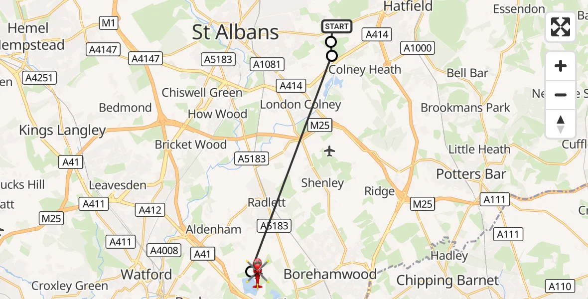 Flight route Air Ambulance Helicopter Colney Heath - Elstree Airfield, 30 August 2026, 12:03