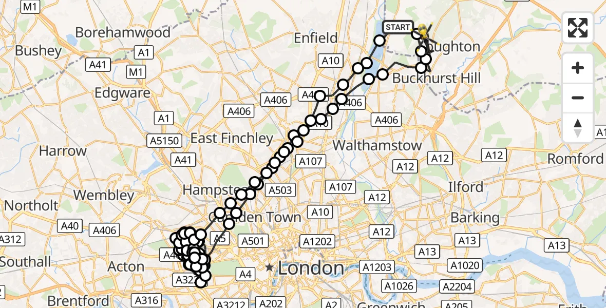 Flight route Police Helicopter Sewardstonebury - Loughton, 30 August 2026, 12:12