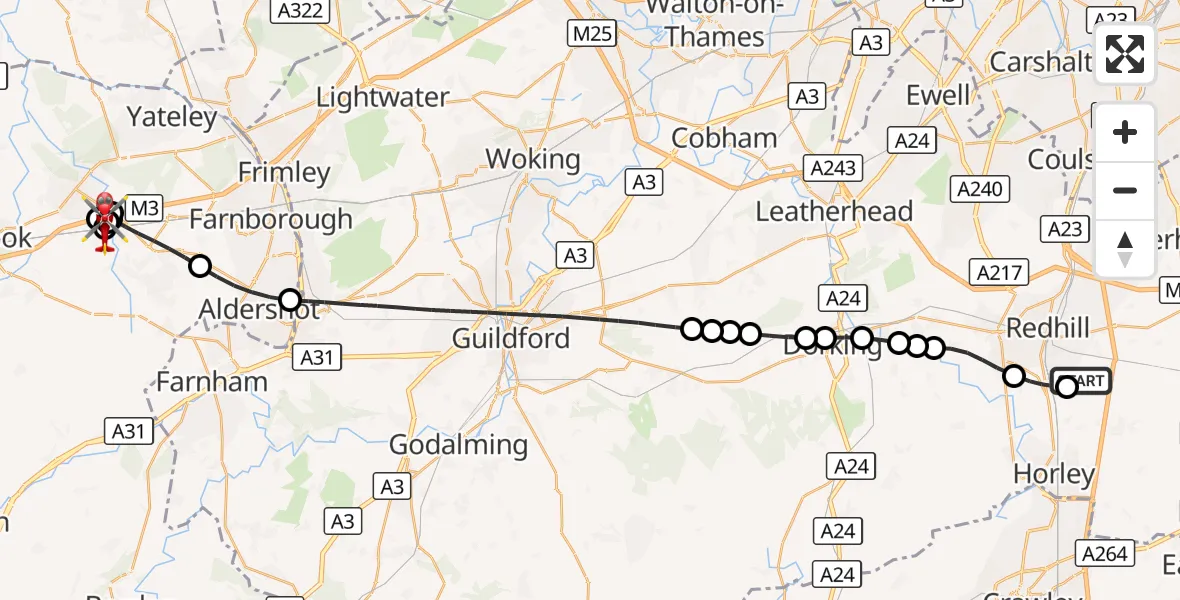 Flight route Air Ambulance Helicopter Redhill Aerodrome - Dogmersfield, 30 August 2026, 12:15