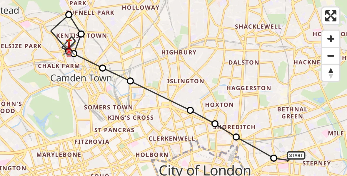 Flight route Air Ambulance Helicopter Royal London Hospital - Gospel Oak, 30 August 2026, 12:21