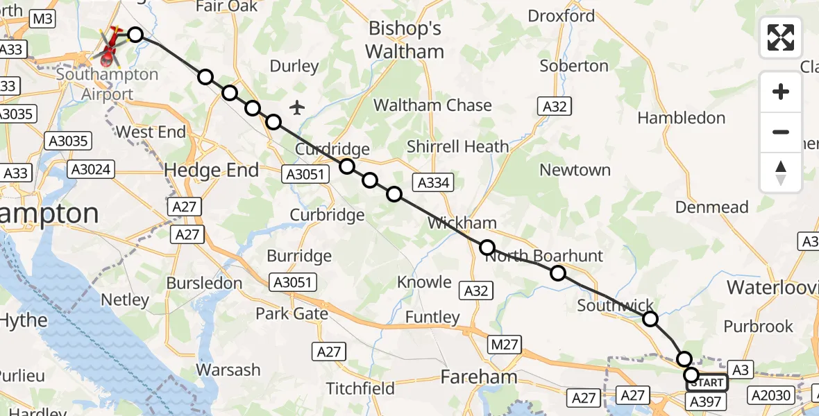 Flight route Air Ambulance Helicopter Queen Alexandra Hospital - Southampton Airport, 30 August 2026, 12:27