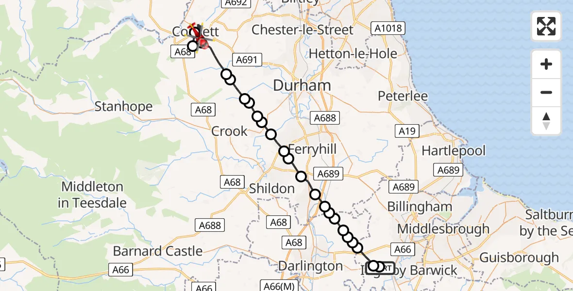 Flight route Air Ambulance Helicopter Aislaby - Consett, 30 August 2026, 12:29