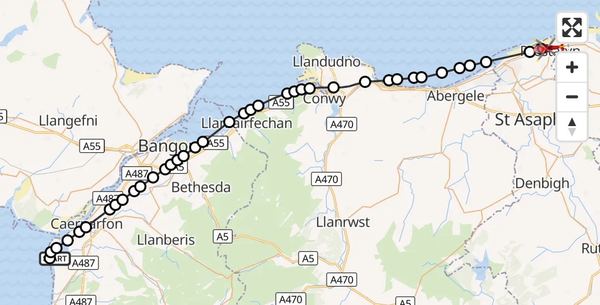 Flight route Air Ambulance Helicopter Caernarfon Airport - Prestatyn, 30 August 2026, 12:37