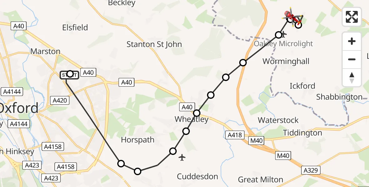 Flight route Air Ambulance Helicopter John Radcliffe Hospital - Oakley, 30 August 2026, 12:37
