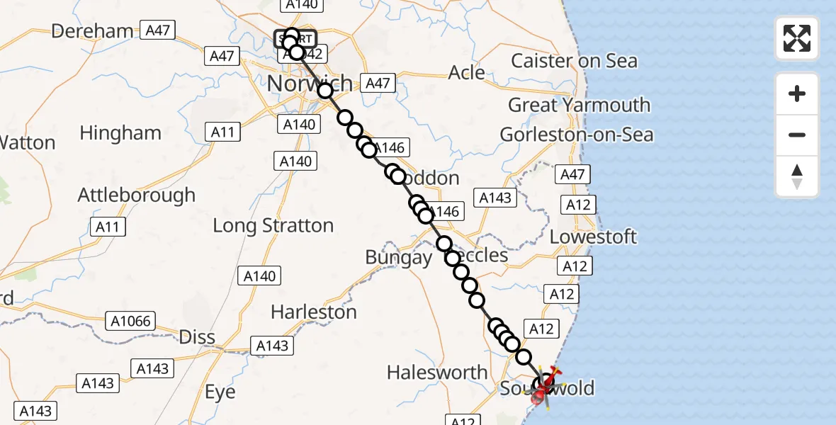 Flight route Air Ambulance Helicopter Norwich Airport - Southwold, 30 August 2026, 12:37