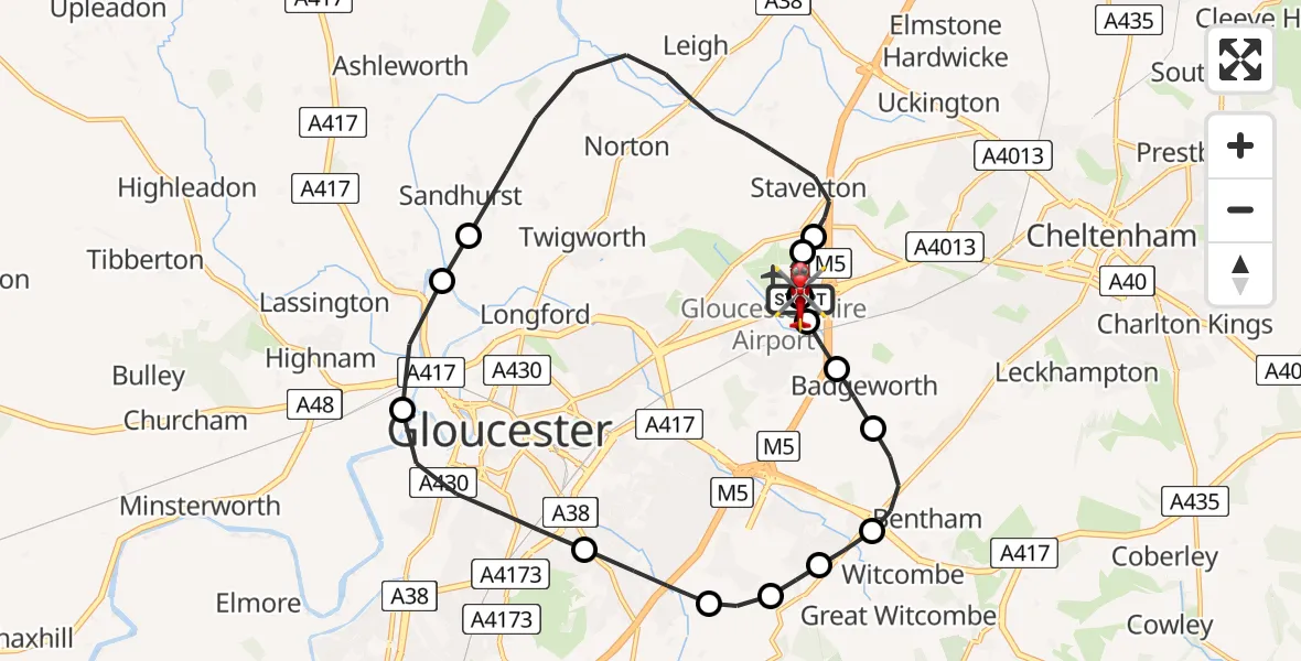 Flight route Air Ambulance Helicopter Gloucestershire Airport - Tewkesbury, 30 August 2026, 12:56