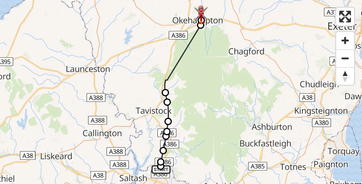 Flight route Air Ambulance Helicopter Southway - West Devon, 30 August 2026, 13:05